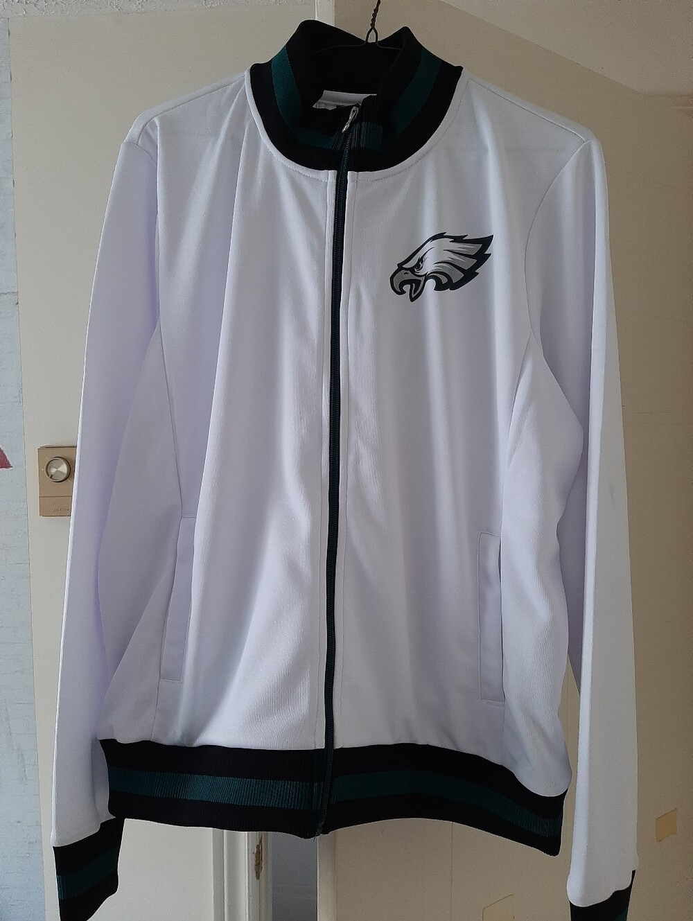 NFL White Philadelphia Eagles Zip-Front Varsity Jacket with Green & Black Trim